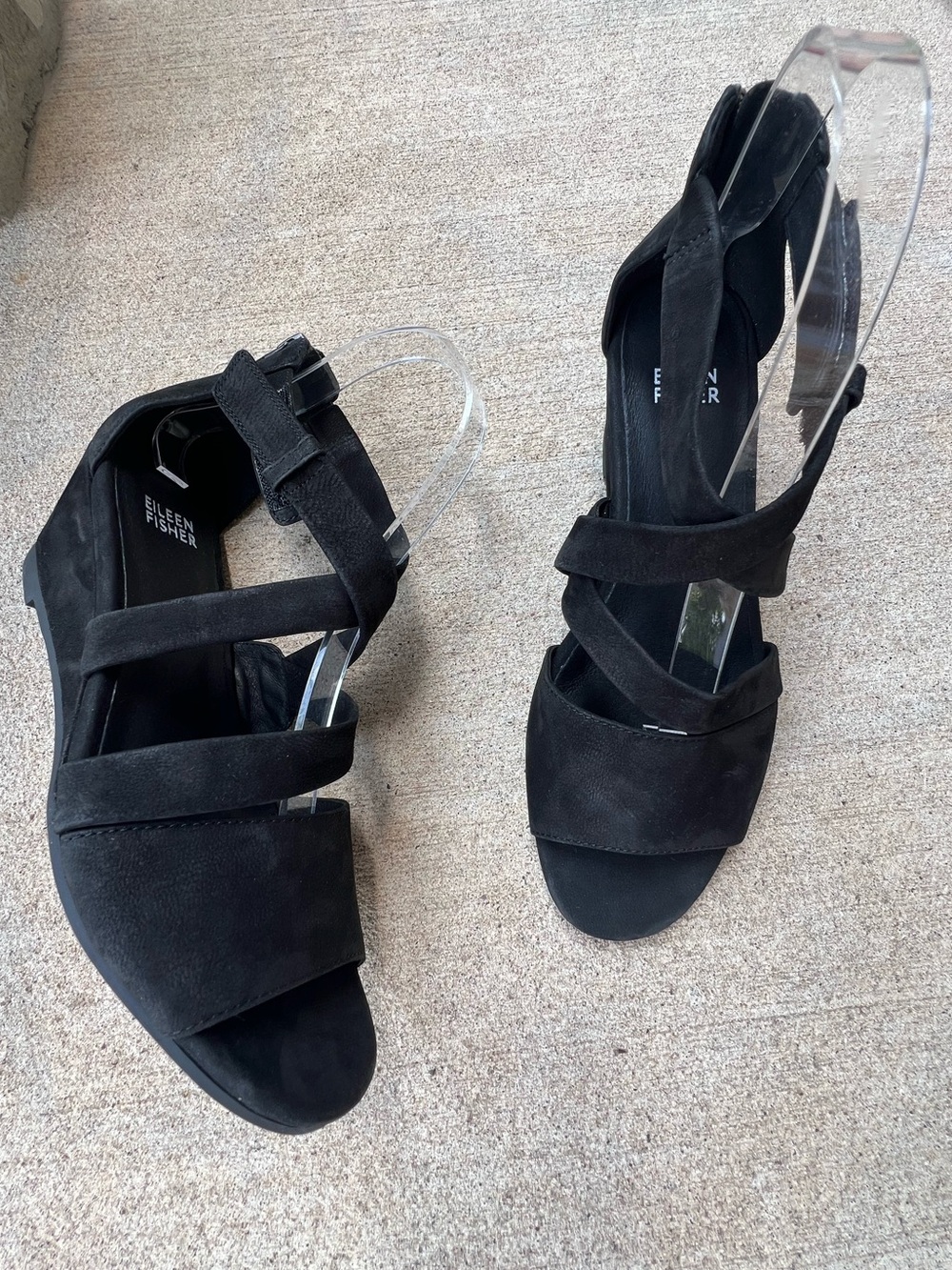 EILEEN FISHER Black Suede Strappy Wedge Sandals Size 7